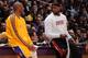 LOS ANGELES, CA - JANUARY 17: Kobe Bryant #24 of the Los Angeles Lakers and LeBron James #6 of the Miami Heat share a word as they wait to check in at Staples Center on January 15, 2013 in Los Angeles, California. NOTE TO USER: User expressly acknowledges