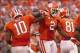 Oct 12, 2013; Clemson, SC, USA; Clemson Tigers quarterback Tajh Boyd (10) celebrates with teammate wide receiver Sammy Watkins (2) after scoring a touchdown during the second half against the Boston College Eagles at Clemson Memorial Stadium. Tigers won 2