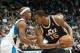 Apr 15, 2013; Minneapolis, MN, USA; Utah Jazz power forward Derrick Favors (15) looks to drive against Minnesota Timberwolves power forward Dante Cunningham (33) in the fourth quarter at Target Center. The Jazz won 96-80. Mandatory Credit: Greg Smith-USA