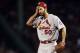 Oct 23, 2013; Boston, MA, USA; St. Louis Cardinals starting pitcher Adam Wainwright (50) reacts during the second inning during game one of the MLB baseball World Series against the Boston Red Sox at Fenway Park. Mandatory Credit: Greg M. Cooper-USA TODAY