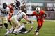 Oct 26, 2013; Miami Gardens, FL, USA; Miami Hurricanes running back Duke Johnson (8) runs the ball against Wake Forest Demon Deacons linebacker Mike Olson (41) in the second quarter at Sun Life Stadium. Mandatory Credit: Robert Mayer-USA TODAY Sports