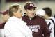 Oct 27, 2012; Tuscaloosa, AL, USA; Alabama Crimson Tide coach Nick Saban talks with Mississippi State Bulldogs coach Dan Mullen prior the game at Bryant Denny Stadium. Mandatory Credit: Marvin Gentry-USA TODAY Sports