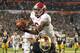 Jan 7, 2013; Miami, FL, USA; Alabama Crimson Tide defensive back Ha'Sean Clinton-Dix (6) intercepts a pass intended for Notre Dame Fighting Irish wide receiver DaVaris Daniels (10) during the second half of the 2013 BCS Championship game at Sun Life Stadi