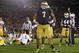 Oct 19, 2013; South Bend, IN, USA; Notre Dame Fighting Irish defensive end Stephon Tuitt (7) celebrates after sacking USC Trojans quarterback Cody Kessler (6) in the third quarter at Notre Dame Stadium. Notre Dame won 14-10. Mandatory Credit: Matt Cashore