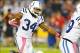 Oct 14, 2013; San Diego, CA, USA; Indianapolis Colts running back Trent Richardson (34) is stopped in the backfield during the second half against the San Diego Chargers at Qualcomm Stadium. The Chargers won 19-9. Mandatory Credit: Christopher Hanewinckel