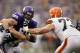 Sep 22, 2013; Minneapolis, MN, USA; Cleveland Browns tight end Jordan Cameron (84) and offensive lineman Joe Thomas (73) block Minnesota Vikings defensive end Jared Allen (69) at Mall of America Field at H.H.H. Metrodome. The Browns win 31-27. Mandatory C