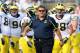 Oct 12, 2013; University Park, PA, USA; Michigan Wolverines head coach Brady Hoke walks the field during warmups prior to the game against the Penn State Nittany Lions at Beaver Stadium. Mandatory Credit: Matthew O'Haren-USA TODAY Sports