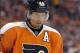 Oct 15, 2013; Philadelphia, PA, USA; Philadelphia Flyers defenseman Kimmo Timonen (44) against the Vancouver Canucks during the third period at Wells Fargo Center. The Canucks defeated the Flyers, 3-2. Mandatory Credit: Eric Hartline-USA TODAY Sports