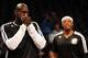 Oct 12, 2013; Brooklyn, NY, USA; Brooklyn Nets power forward Kevin Garnett (left) and Brooklyn Nets small forward Paul Pierce look on before the first half of the preseason game against the Detroit Pistons at Barclays Center. Mandatory Credit: Joe Campore