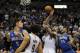 MINNEAPOLIS, MN - OCTOBER 30: Ricky Rubio #9 of the Minnesota Timberwolves passes the ball to teammate Nikola Pekovic #14 while Nikola Vucevic #9 of the Orlando Magic defends Rubio and Jameer Nelson #14 of the Orlando Magic defends Pekovic during the four