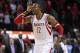 Oct 30, 2013; Houston, TX, USA; Houston Rockets center Dwight Howard (12) reacts after a play during the fourth quarter against the Charlotte Bobcats at Toyota Center. The Rockets defeated the Bobcats 96-83. Mandatory Credit: Troy Taormina-USA TODAY Sport