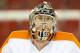 October 6, 2013; Raleigh, NC, USA; Philadelphia Flyers goalie Steve Mason (35) before the start of the game against the Carolina Hurricanes at PNC Center. The Hurricanes defeated the Flyers 2-1. Mandatory Credit: James Guillory-USA TODAY Sports