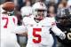 Nov 2, 2013; West Lafayette, IN, USA; Ohio State Buckeyes quarterback Braxton Miller (5) throws a pass against the Purdue Boilermakers at Ross Ade Stadium. Mandatory Credit: Brian Spurlock-USA TODAY Sports