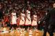 MIAMI, FL - NOVEMBER 3: Dwyane Wade #3, LeBron James #6, Chris Bosh 31 and Ray Allen #34 of the Miami Heat walks back to the bench against the Washington Wizards on November 3, 2013 at American Airlines Arena in Miami, Florida. NOTE TO USER: User expressl