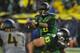 EUGENE, OR. - SEPTEMBER 28: Quarterback Marcus Mariota #8 of the Oregon Ducks handles the snap during the second quarter of the game against the California Golden Bears at Autzen Stadium on September 28, 2013 in Eugene, Oregon. (Photo by Steve Dykes/Getty