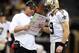Sep 30, 2013; New Orleans, LA, USA; New Orleans Saints head coach Sean Payton and quarterback Drew Brees (9) talk during the second half of their game against the Miami Dolphins at the Mercedes-Benz Superdome. Mandatory Credit: Chuck Cook-USA TODAY Sports