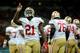 LONDON, ENGLAND - OCTOBER 27: #21 Frank Gore of the San Francisco 49ers celebrates after scoring a touchdown during the NFL International Series game between San Francisco 49ers and Jacksonville Jaguars at Wembley Stadium on October 27, 2013 in London, E