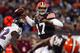 CLEVELAND, OH - NOVEMBER 03: Quarterback Jason Campbell #17 of the Cleveland Browns throws to a receiver as he is pressured by safety James Ihedigbo #32 of the Baltimore Ravens at FirstEnergy Stadium on November 3, 2013 in Cleveland, Ohio. (Photo by Mat