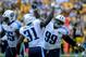PITTSBURGH, PA - SEPTEMBER 8: Jurrell Casey # 99 of the Tennessee Titans celebrates with Bernard Pollard #31 of the Tennessee Titans after a sack late in the fourth quarter against the Pittsburgh Steelers at Heinz Field on September 8, 2013 in Pittsburgh,