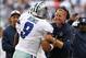 Nov 3, 2013; Arlington, TX, USA; Dallas Cowboys quarterback Tony Romo (9) celebrates after the game winning touchdown with head coach Jason Garrett against the Minnesota Vikings in the fourth quarter at AT&T Stadium. Mandatory Credit: Matthew Emmons-USA T