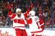 EDMONTON, AB - NOVEMBER 2: Todd Bertuzzi #44 and Pavel Datsyuk #13 of the Detroit Red Wings celebrate after a goal in a game against the Edmonton Oilers on November 2, 2013 at Rexall Place in Edmonton, Alberta, Canada. (Photo by Marko Ditkun/NHLI via Gett
