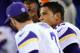 Oct 21, 2013; East Rutherford, NJ, USA; Minnesota Vikings quarterback Josh Freeman (12) looks on in the final minutes of his team's loss to the New York Giants at MetLife Stadium. The Giants won the game 23-7. Mandatory Credit: Joe Camporeale-USA TODAY Sp