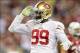Oct 29, 2012; Glendale, AZ, USA; San Francisco 49ers outside linebacker Aldon Smith (99) celebrates after sacking Arizona Cardinals quarterback John Skelton (19) during the second half at University of Phoenix Stadium. The 49ers beat the Cardinals 24-3.