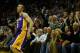 HOUSTON, TX - NOVEMBER 07: Steve Blake #5 of the Los Angeles Lakers watches his game-winning three point shot against the Houston Rockets during the game at Toyota Center on November 7, 2013 in Houston, Texas. NOTE TO USER: User expressly acknowledges an