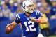 Oct 6, 2013; Indianapolis, IN, USA; Indianapolis Colts quarterback Andrew Luck (12) passes the ball during the first half against the Seattle Seahawks at Lucas Oil Stadium. Mandatory Credit: Pat Lovell-USA TODAY Sports