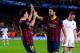 BARCELONA, SPAIN - NOVEMBER 06: Lionel Messi of FC Barcelona celebrates with his teammate Cesc Fabrega after scoring his team's third goal during the UEFA Champions League Group H match Between FC Barcelona and AC Milan at Camp Nou on November 6, 2013 in