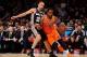 Nov 10, 2013; New York, NY, USA; New York Knicks shooting guard J.R. Smith (8) drives around San Antonio Spurs shooting guard Manu Ginobili (20) during the first quarter at Madison Square Garden. Mandatory Credit: Anthony Gruppuso-USA TODAY Sports