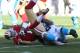 Nov 10, 2013; San Francisco, CA, USA; San Francisco 49ers quarterback Colin Kaepernick (7) is sacked by Carolina Panthers defensive end Greg Hardy (76) during the third quarter at Candlestick Park. The Carolina Panthers defeated the San Francisco 49ers 10