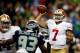 SEATTLE, WA - SEPTEMBER 15: Colin Kaepernick #7 of the San Francisco 49ers throws a pass against the Seattle Seahawks during their game at Qwest Field on September 15, 2013 in Seattle, Washington. (Photo by Otto Greule Jr/Getty Images)