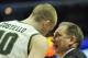 Mar 15, 2013; Chicago, IL, USA; Michigan State Spartans head coach Tom Izzo talks with forward Matt Costello (10) in the first half during the quarterfinals of the Big Ten tournament against the Iowa Hawkeyes at the United Center. Mandatory Credit: David