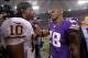 Nov 7, 2013; Minneapolis, MN, USA; Washington Redskins quarterback Robert Griffin III (10) talks with Minnesota Vikings running back Adrian Peterson (28) following the game at Mall of America Field at H.H.H. Metrodome. The Vikings defeated the Redskins 34