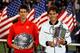 NEW YORK, NY - SEPTEMBER 09: Rafael Nadal of Spain poses with the US Open Championship trophy next to Novak Djokovic of Serbia as he celebrates winning the men's singles final on Day Fifteen of the 2013 US Open at the USTA Billie Jean King National Tenni