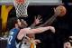 Nov 10, 2013; Los Angeles, CA, USA; Minnesota Timberwolves power forward Kevin Love (42) and and Los Angeles Lakers center Jordan Hill (27) go for a rebound in the first half of the game at Staples Center. Mandatory Credit: Jayne Kamin-Oncea-USA TODAY