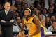 November 27, 2012; Los Angeles, CA, USA; As Los Angeles Lakers head coach Mike D'Antoni (left) looks on as center Jordan Hill (27) looks to pass during the game against the Indiana Pacers at the Staples Center. Mandatory Credit: Jayne Kamin-Oncea-USA T