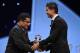 Eusebio presents Ronaldo with an award prior the 2008 Champions League draw.