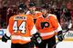 PHILADELPHIA, PA - NOVEMBER 09: Claude Giroux #28 of the Philadelphia Flyers talks with Kimmo Timonen #44 and Sean Couturier #14 in the third period against the Edmonton Oilers at Wells Fargo Center on November 9, 2013 in Philadelphia, Pennsylvania.The P