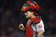 Oct 30, 2013; Boston, MA, USA; St. Louis Cardinals catcher Yadier Molina (4) reacts during the fifth inning of game six of the MLB baseball World Series against the Boston Red Sox at Fenway Park. Mandatory Credit: Greg M. Cooper-USA TODAY Sports