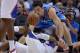 Nov 13, 2013; Los Angeles, CA, USA; Los Angeles Clippers guard Chris Paul (bottom) and Oklahoma City Thunder forward Nick Collison (4) battle for the ball at Staples Center. Mandatory Credit: Kirby Lee-USA TODAY Sports