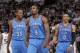 SACRAMENTO, CA - JANUARY 25: Kevin Durant #35, Serge Ibaka #9 and Russell Westbrook #0 of the Oklahoma City Thunder face off against the Sacramento Kings on January 25, 2013 at Sleep Train Arena in Sacramento, California. NOTE TO USER: User expressly ack