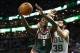Nov 1, 2013; Boston, MA, USA; Milwaukee Bucks center Larry Sanders (8) shoots the ball against Boston Celtics center Vitor Faverani (38) during the first half at TD Garden. Mandatory Credit: Mark L. Baer-USA TODAY Sports