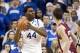 Nov 1, 2013; Lexington, KY, USA; Kentucky Wildcats center Dakari Johnson (44) passes the ball against the Transylvania Pioneers at Rupp Arena. Kentucky defeated Transylvania 76-42. Mandatory Credit: Mark Zerof-USA TODAY Sports