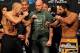 Nov 15, 2013; Las Vegas, NV, USA; UFC 167 Welterweight challenger Georges St. Pierre (left) and welterweight champion Johny Hendricks pose for photographs with UFC president Dana White during the official weigh-in of UFC 167 at MGM Grand Garden Arena. Man