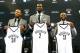Jul 18, 2013; Brooklyn, NY, USA; From left Paul Pierce , Kevin Garnett and Jason Terry during a press conference to introduce them as the newest members of the Brooklyn Nets at Barclays Center. Mandatory Credit: Debby Wong-USA TODAY Sports