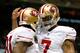 NEW ORLEANS, LA - NOVEMBER 17: Colin Kaepernick #7 celebrates with Anquan Boldin #81 of the San Francisco 49ers after Boldin's touchdown reception against the New Orleans Saints at Mercedes-Benz Superdome on November 17, 2013 in New Orleans, Louisiana.