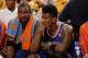 INDIANAPOLIS, IN - MAY 14: Amar'e Stoudemire #1 and Iman Shumpert #21 of the New York Knicks look on from the bench in Game Four of the Eastern Conference Semi-finals against the Indiana Pacers during the NBA Playoffs on May 14, 2013 at Bankers Life Field