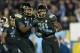 Nov 15, 2013; Pasadena, CA, USA; UCLA Bruins running back Myles Jack (30) celebrates with offensive lineman Caleb Benenoch (74) after scoring on a 2-yard touchdown run in the third quarter for his fourth touchdown against the Washington Huskies at Rose Bo